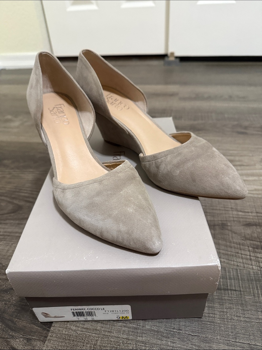 Franco Sarto Pointed D'Orsay Heels in Taupe Suede